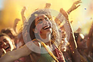 Vibrant Girl In Orange Smiling Amidst Holi Crowd - Uhd Image