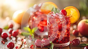 Vibrant glass of berry cocktail adorned with citrus slices, surrounded by fresh ingredients