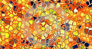 Vibrant glass mosaic, digital abstract illustration. Yellow and orange background artwork. Bright hexagon tiles