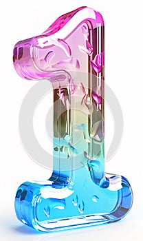 Vibrant, glass numeral 1 with a colorful rainbow gradient and glossy finish isolated on a white background