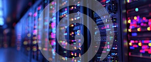 The vibrant glow of server racks in a modern data center environment. AI generated image