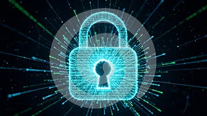 Cybersecurity Padlock with Binary Code and Data Streams