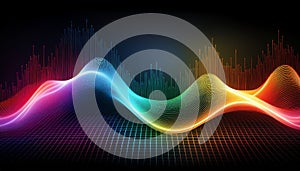 fluctuating vibrant glowing digital waveforms on a black grid background