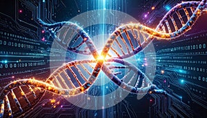 Glowing DNA helix intertwined with digital binary code and circuit board patterns double helix