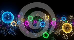 Vibrant glowing spheres form a quantum network pattern