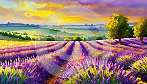 Vibrant golden hour over romantic fields of lavender