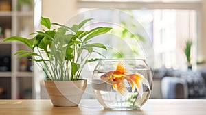 Vibrant goldfish gracefully swims in clear bowl beside green potted plant on wooden table in bright interior, Ai Generated