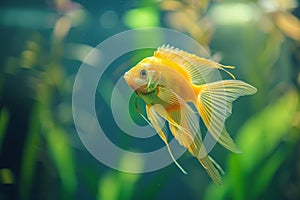 A vibrant goldfish in a home aquarium, swimming amongst green plants, radiating peacefulness, 1 april fools day. Funny