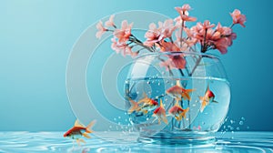 Vibrant goldfish swimming in a bowl with pink flowers on a blue background