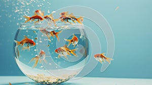Vibrant goldfish swimming in a fishbowl with a blue background