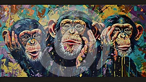 Vibrant Graffiti Art of Three Monkeys in See-No-Evil, Hear-No-Evil, Speak-No-Evil Poses. Colorful Urban Street Art