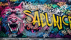 Vibrant graffiti tiger symbolizes urban creativity and danger generated by AI