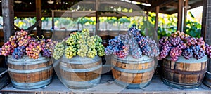Vibrant grapes in barrels at vineyard warehouse under soft evening light for winery ad