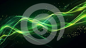 Vibrant green abstract curves on black, futuristic background, motion concept, space for text