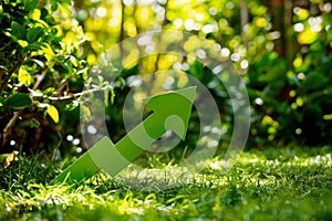 Vibrant green arrow in lush greenery, bathed in sunlight, symbolizing growth or progress, dappled ground effect