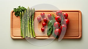 Vibrant green asparagus spears on wooden board, minimalist composition, sharp focus, fujifilm xt4