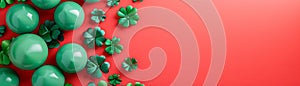 Vibrant Green Balloons and Clover Leaves on Bright Red Background for Celebrations and Festivities Concept