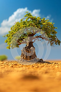 The vibrant green of a baobab tree breaks the monotony of the desert landscape, rooted in life-giving soil