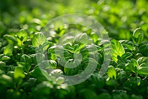 Vibrant Green Basil Plant Leaves Illuminated by Sunlight in a Lush Garden, Fresh Herbal Agriculture Concept