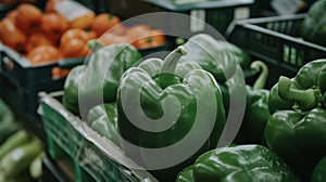 A of vibrant green bell peppers with shiny firm skin and crisp edges. The intensity of the green color indicates their