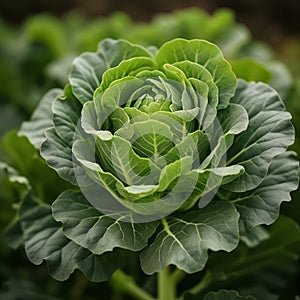 A vibrant green cabbage grows amidst a lush field, bathed in soft sunlight, , ai generated