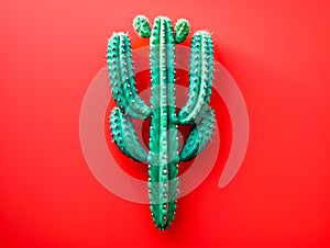 Vibrant Green Cactus Against Bright Red Background Minimalist Succulent Plant Art Eye Catching Contemporary Desert Themed Decor