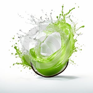 Vibrant Green Coconut Splash: Hyperrealistic Composition With Crisp And Clean Look