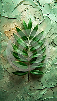 Vibrant Green Fern Leaf on Cracked Pastel Surface