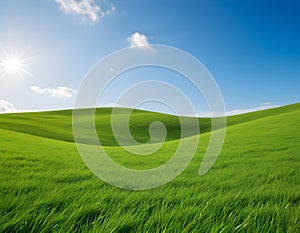 Vibrant green fields with minimalist sky, environmental background. AI Illustration
