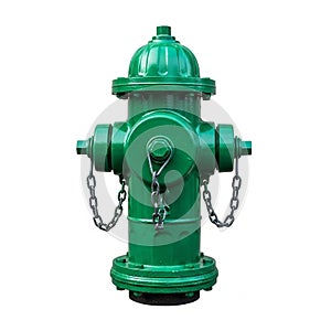 Bright Green Fire Hydrant with Chains on a White Background water emergency