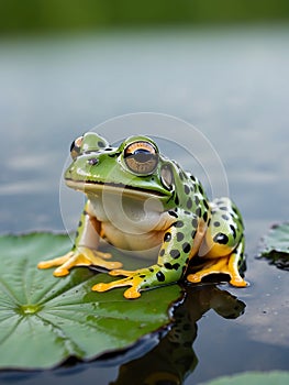 Vibrant green frog with orange spots resting on a water lily pad in a pond Generative AI