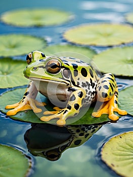 Vibrant green frog with orange spots resting on a water lily pad in a pond Generative AI