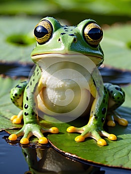 Vibrant green frog with orange spots resting on a water lily pad in a pond Generative AI