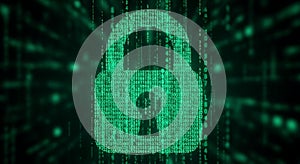 Cyber Security Padlock with Digital Binary Code Background