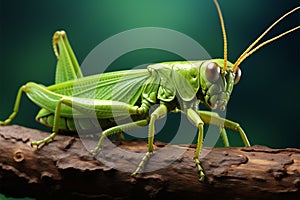 Vibrant green grasshopper on textured leaf, space for text backdrop