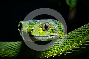 Vibrant green jungle snake on tree branch in lush rainforest macro with intricate details