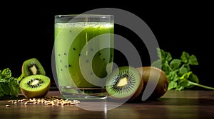 Vibrant Green Kiwi Smoothie in Glass Showcasing Creamy Pulpy Texture for Refreshing Natural Goodness. Generative Ai