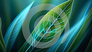 Vibrant Green Leaf with Blue Light Pattern Close Up