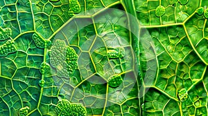 A vibrant green leaf captured under a microscope with intricate structures of stomata visible on the surface resembling