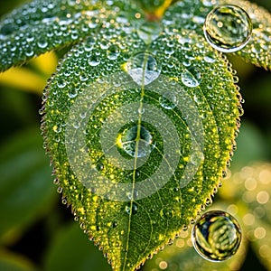 Background is softly blurred highlighting the leaf and droplets in sharp