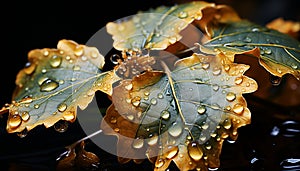 Vibrant green leaf reflects beauty of nature in autumn rain generated by AI