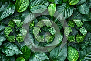 Vibrant Green Leaves Background with Eco Friendly Recycle Symbol Concept for Sustainability and Environmental Awareness