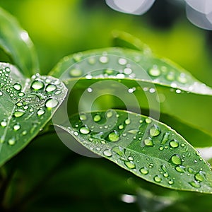 Vibrant Green Leaves with Delicate Dewdrops