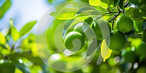 Vibrant green limes adorn a leafy tree , concept of Juicy citrus fruits