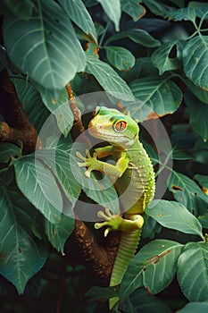 Vibrant Green Lizard Perching on a Tropical Leaf in a Lush Rainforest Environment, Nature Wildlife Photography