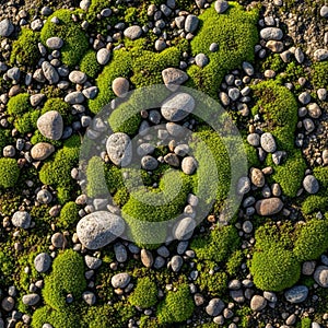 Contrasting textures of the soft moss and hard stones create a