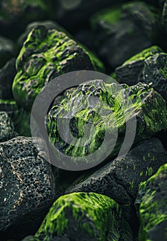 Vibrant green moss growing on dark rugged rocks
