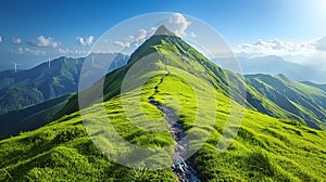 Vibrant Green Mountain Ridge Path Leading to Wind Turbines under a Clear Blue Sky - Renewable Energy Concept