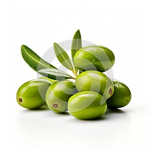 Vibrant Green Olives With Leaves On White Background