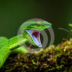 Aggressive Green Pit Viper in the Rainforest
